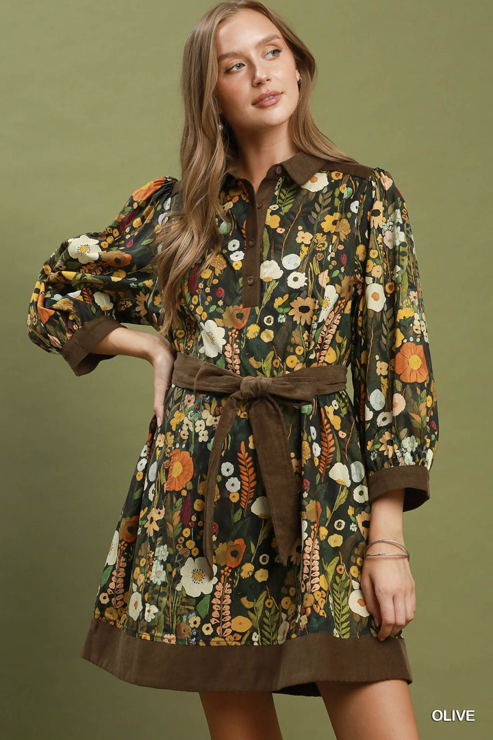 UMGEE Floral Print Belted Puff Sleeve Mini Dress