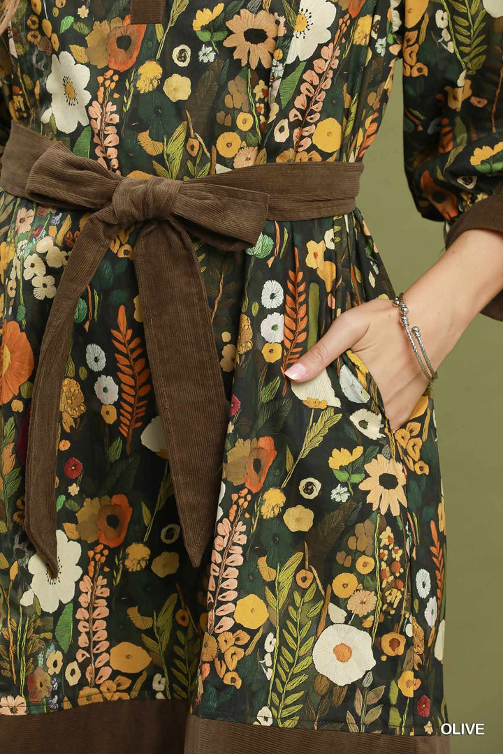 UMGEE Floral Print Belted Puff Sleeve Mini Dress