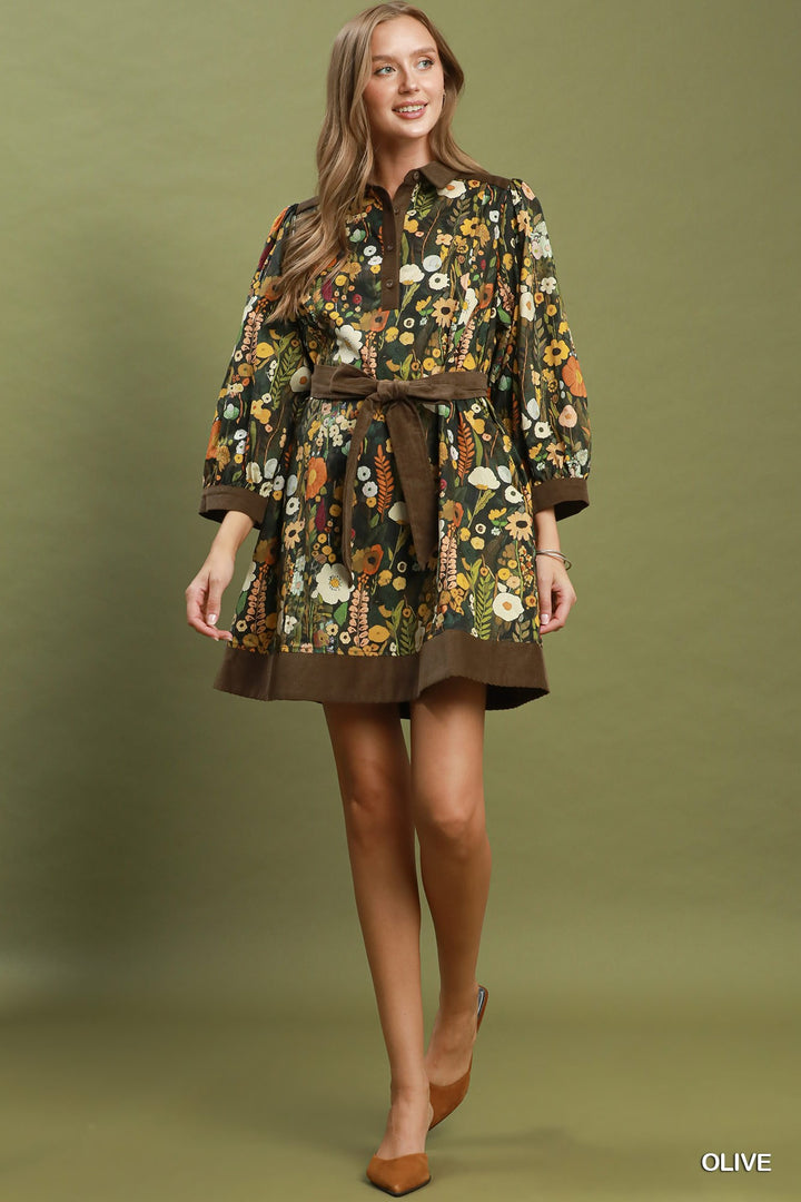 UMGEE Floral Print Belted Puff Sleeve Mini Dress