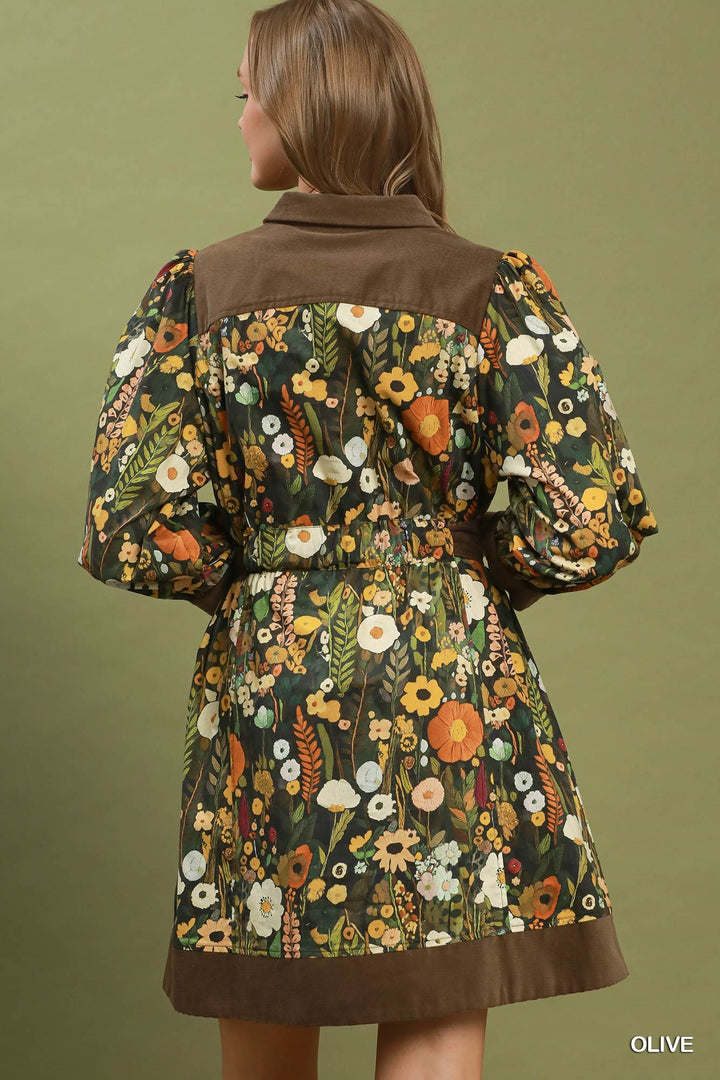 UMGEE Floral Print Belted Puff Sleeve Mini Dress
