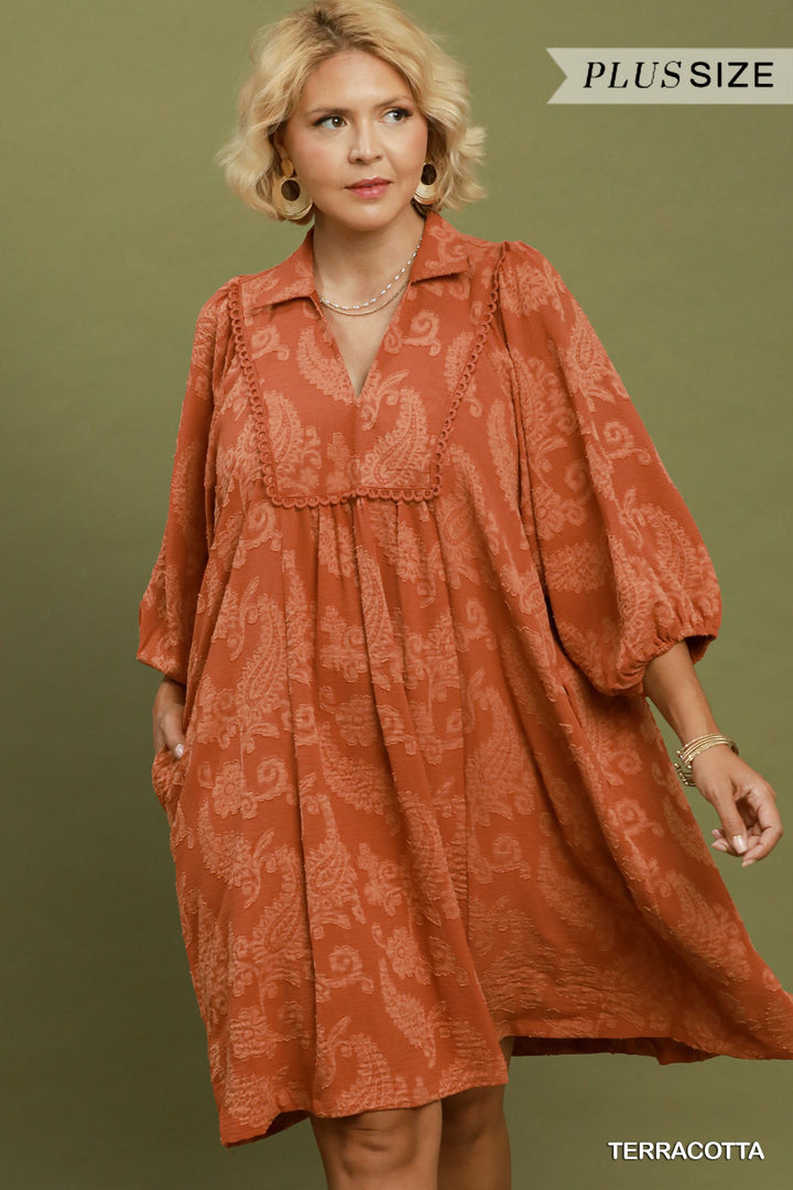 UMGEE Paisley Print Puff Sleeve Babydoll Dress