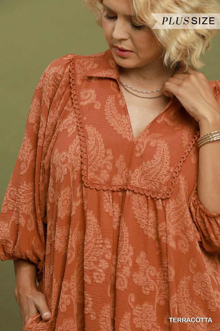 UMGEE Paisley Print Puff Sleeve Babydoll Dress