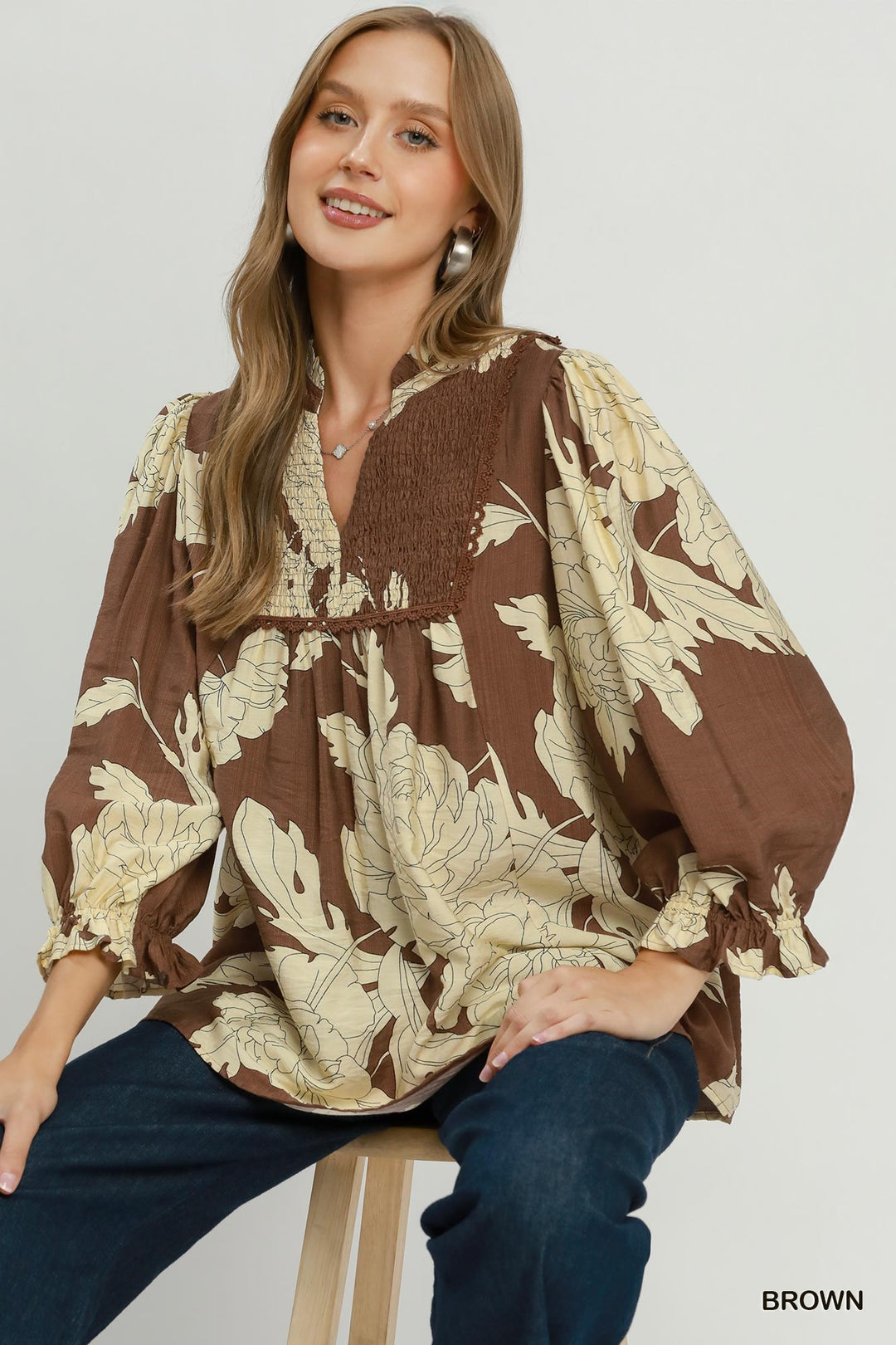 UMGEE Floral Smocked Yoke Peasant Blouse