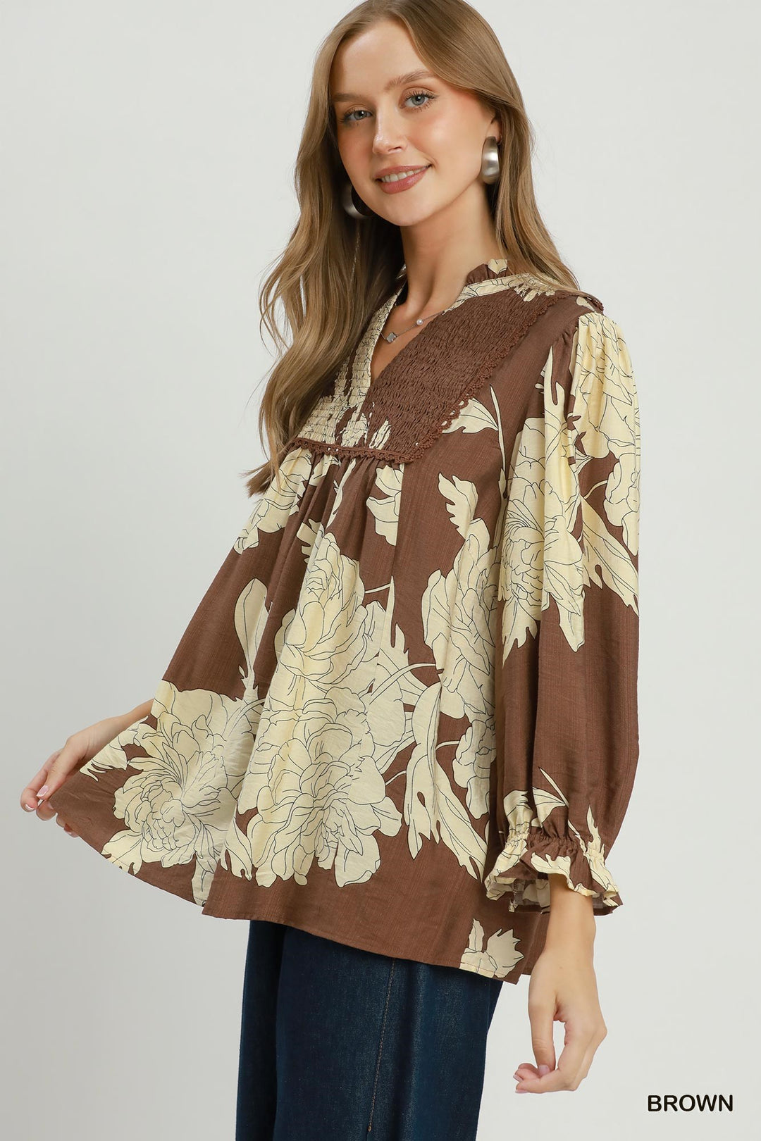UMGEE Floral Smocked Yoke Peasant Blouse