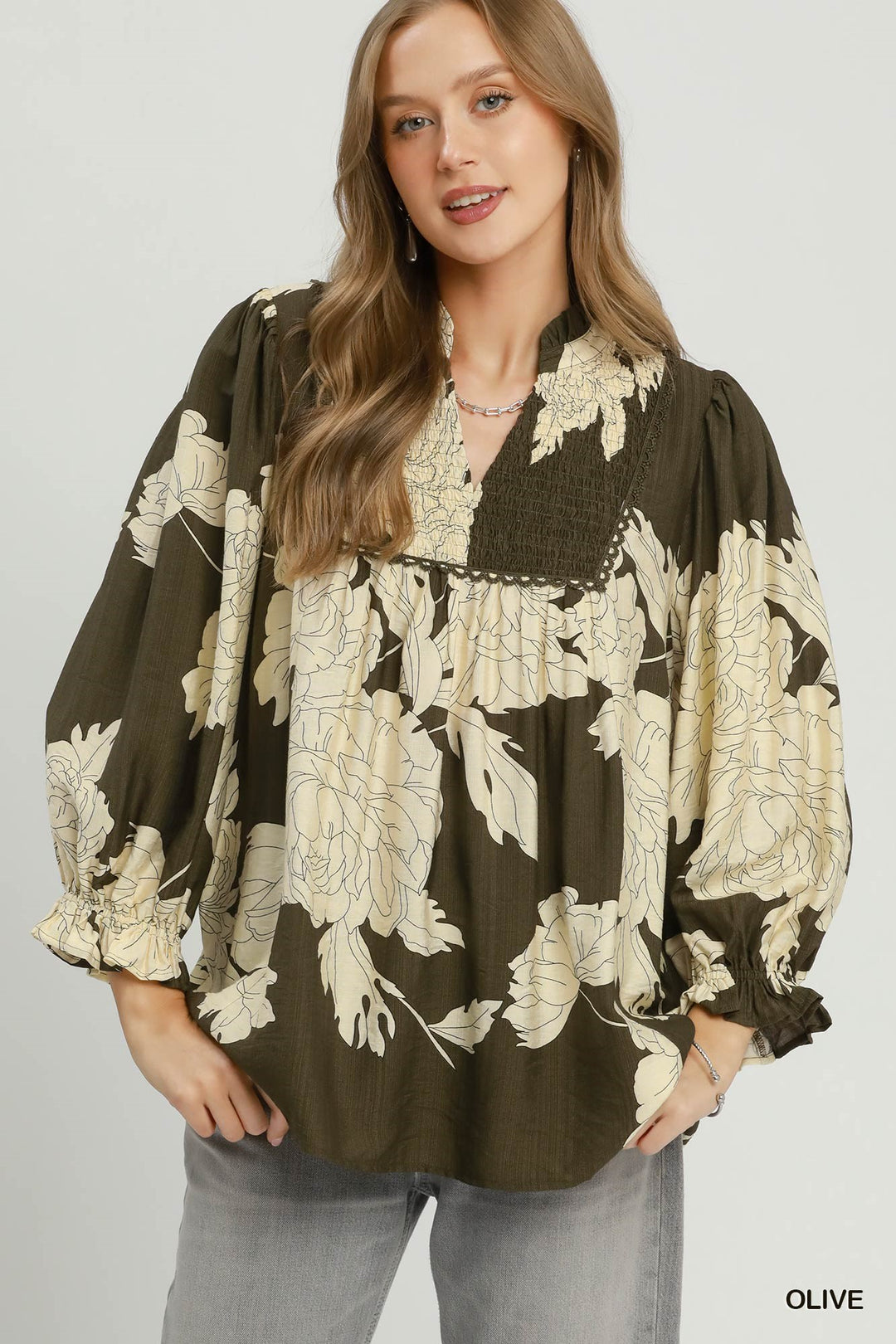 UMGEE Floral Smocked Yoke Peasant Blouse