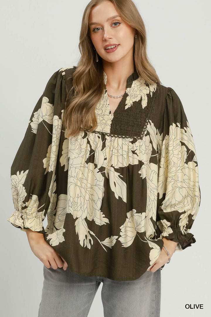 UMGEE Floral Smocked Yoke Peasant Blouse