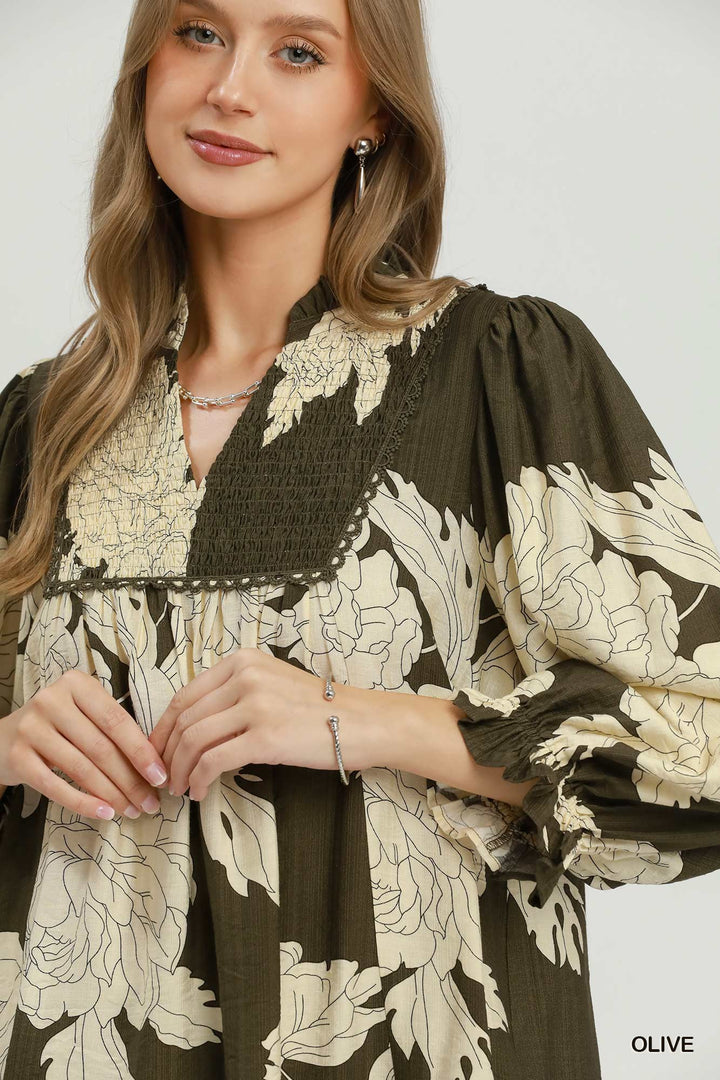 UMGEE Floral Smocked Yoke Peasant Blouse