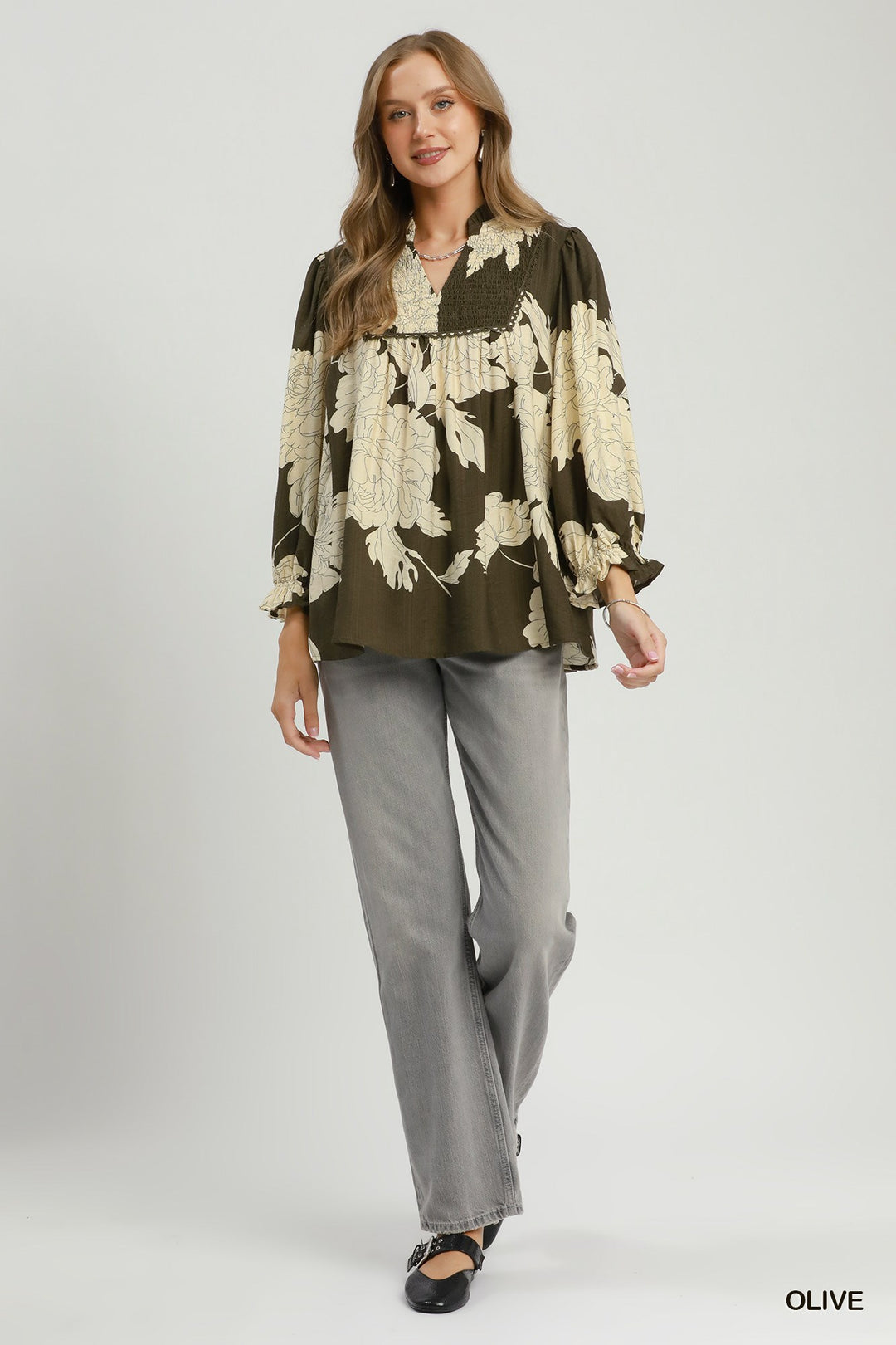 UMGEE Floral Smocked Yoke Peasant Blouse