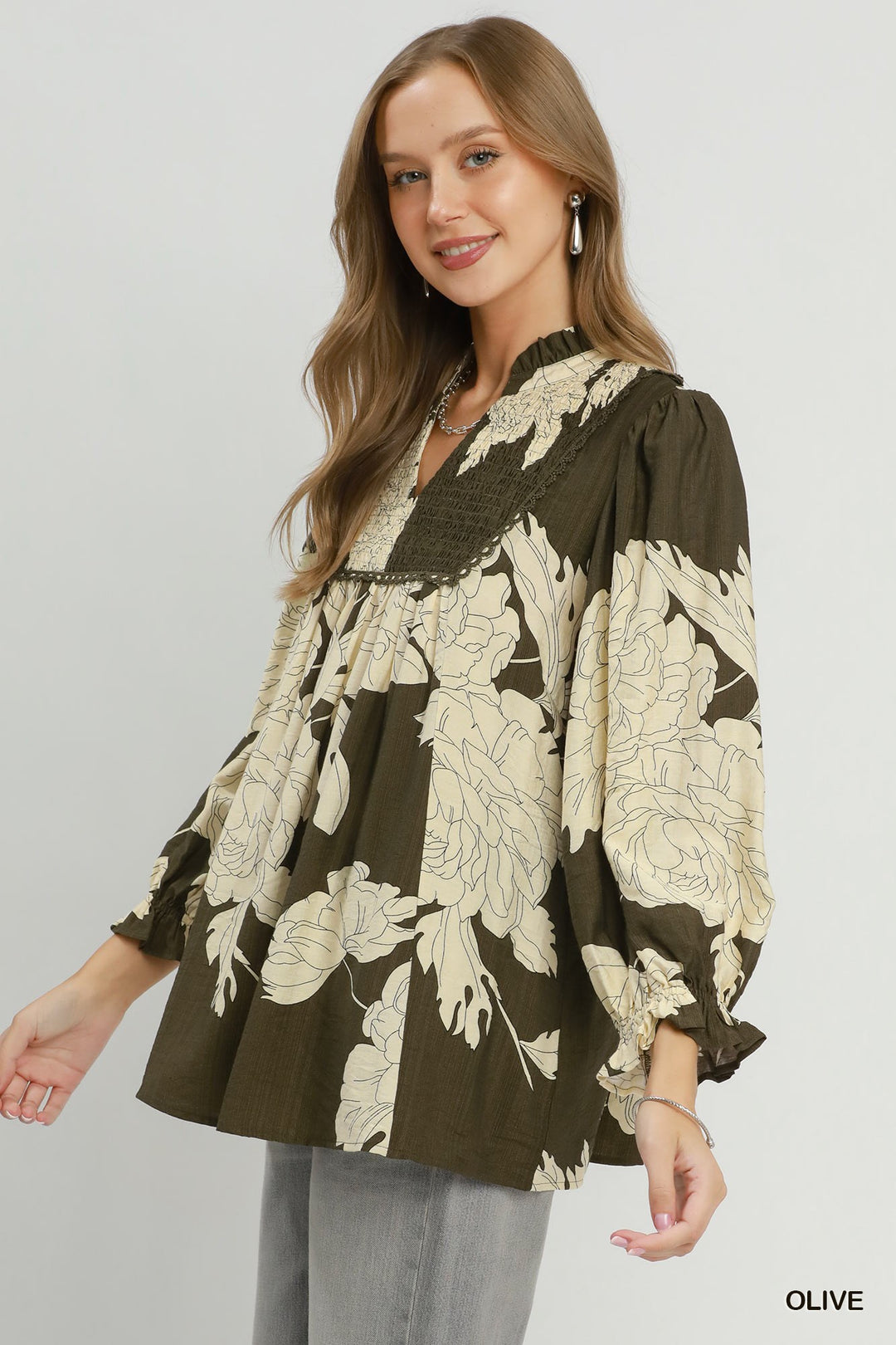 UMGEE Floral Smocked Yoke Peasant Blouse