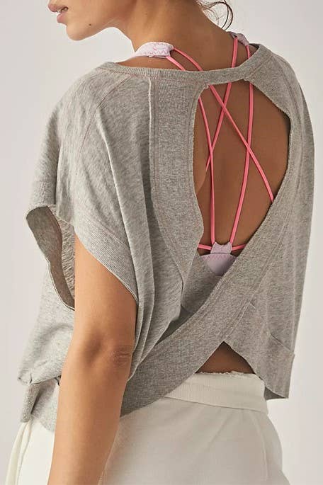 Rosa Clothing - Slouchy wrapped cutout back short sleeve workout tee top
