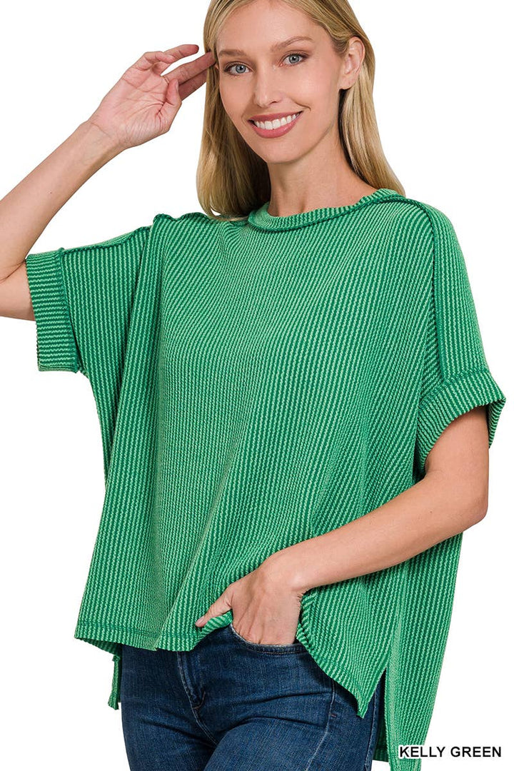 Textured Line Short Cuff Sleeve Raw Edge Top