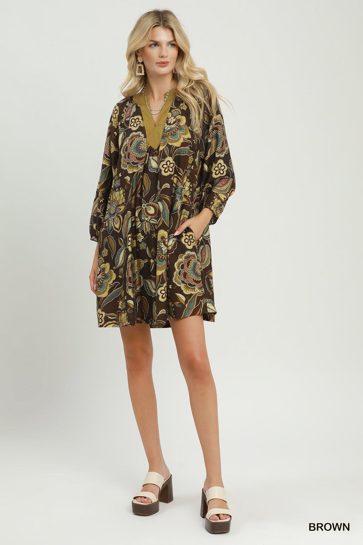 UMGEE Floral Paisley Split Neck Mini Dress