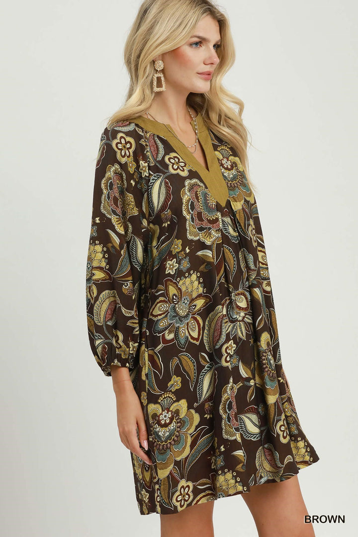 UMGEE Floral Paisley Split Neck Mini Dress