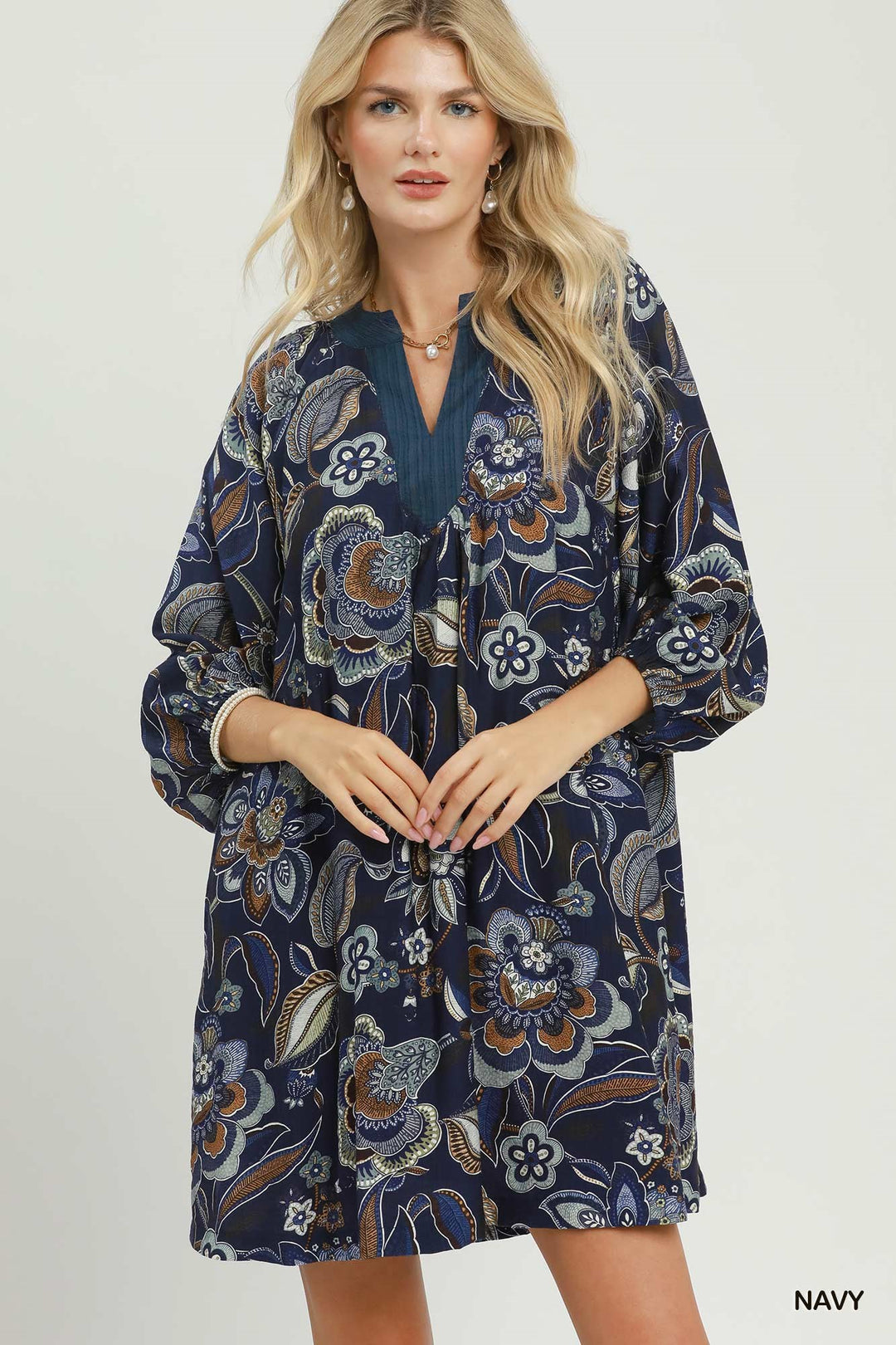 UMGEE Floral Paisley Split Neck Mini Dress