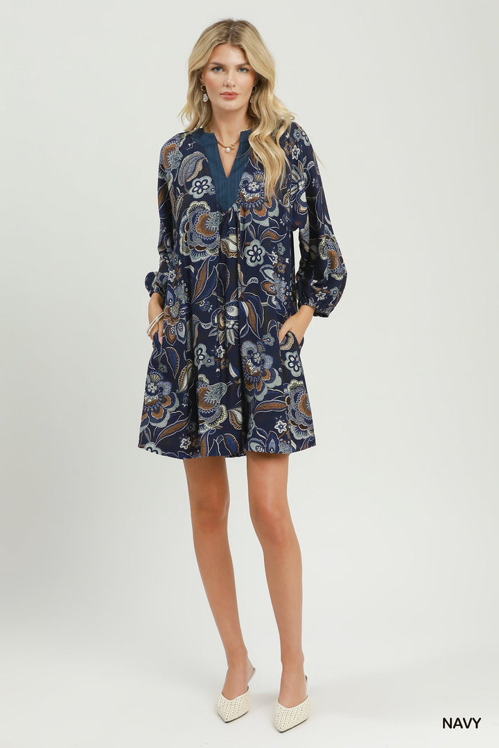 UMGEE Floral Paisley Split Neck Mini Dress