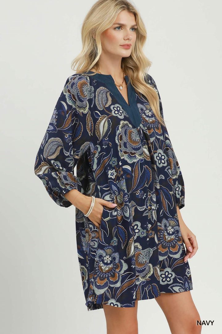 UMGEE Floral Paisley Split Neck Mini Dress