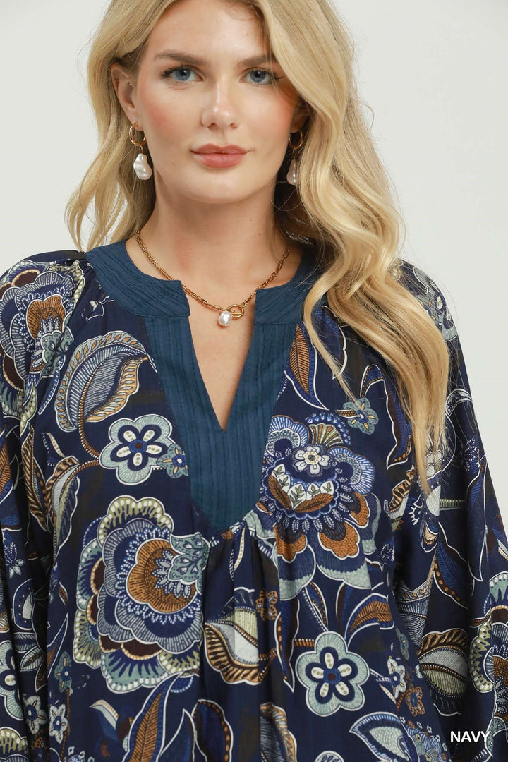 UMGEE Floral Paisley Split Neck Mini Dress