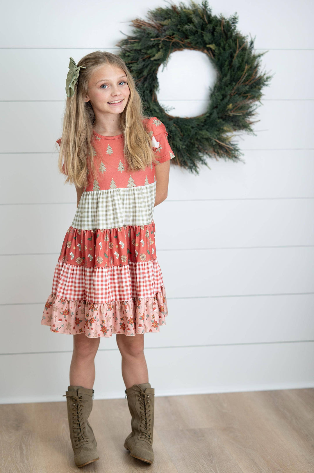 Girls Red Green Ava Merry Holiday Tree Twirl Dress