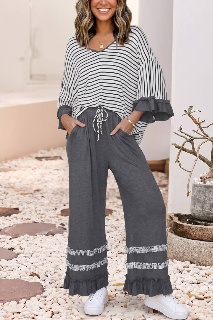Little Daisy Closet - LDC Stripe Ruffle Contrast Sleeve Drawstring Pants 2pcs Set