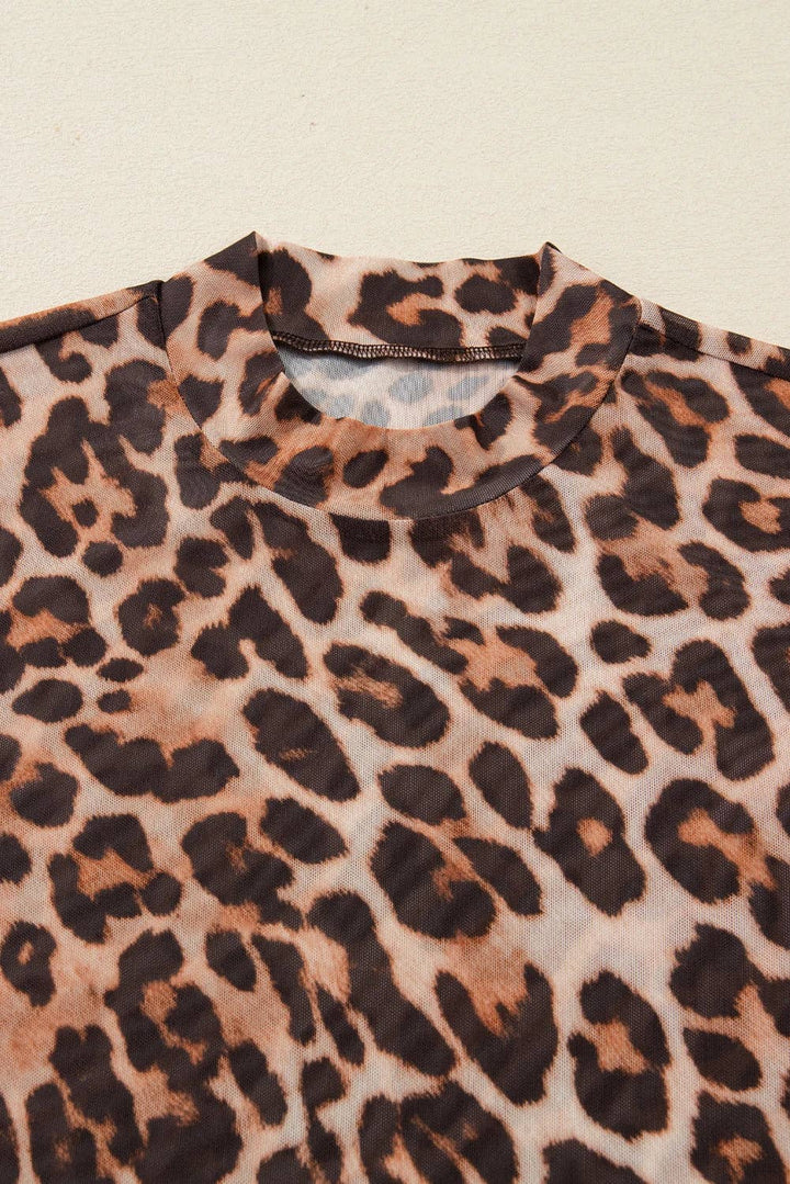 Brown Leopard Mock Neck Long Sleeve Mesh Top