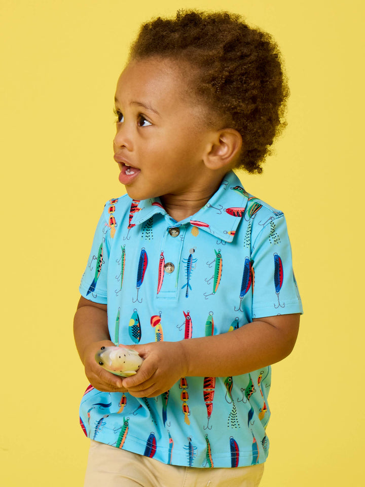 RuffleButts - Boys Gone Fishin Knit Short Sleeve Performance Polo