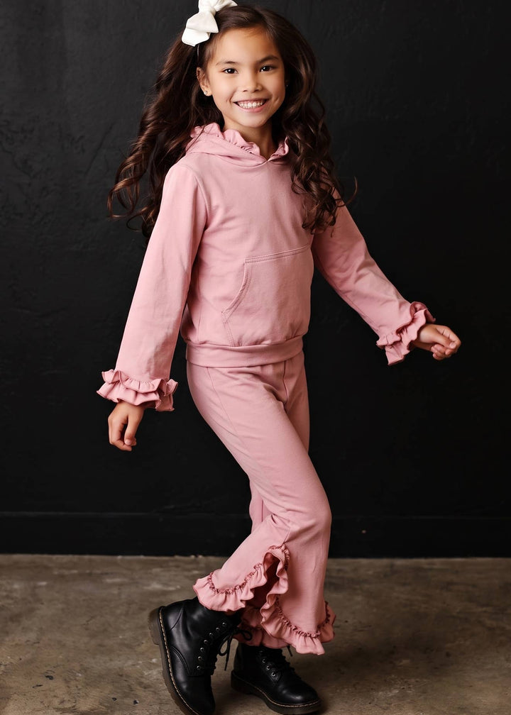 Kids Dusty Pink Hooded Ruffle Pocket Fall Winter Lounge Set