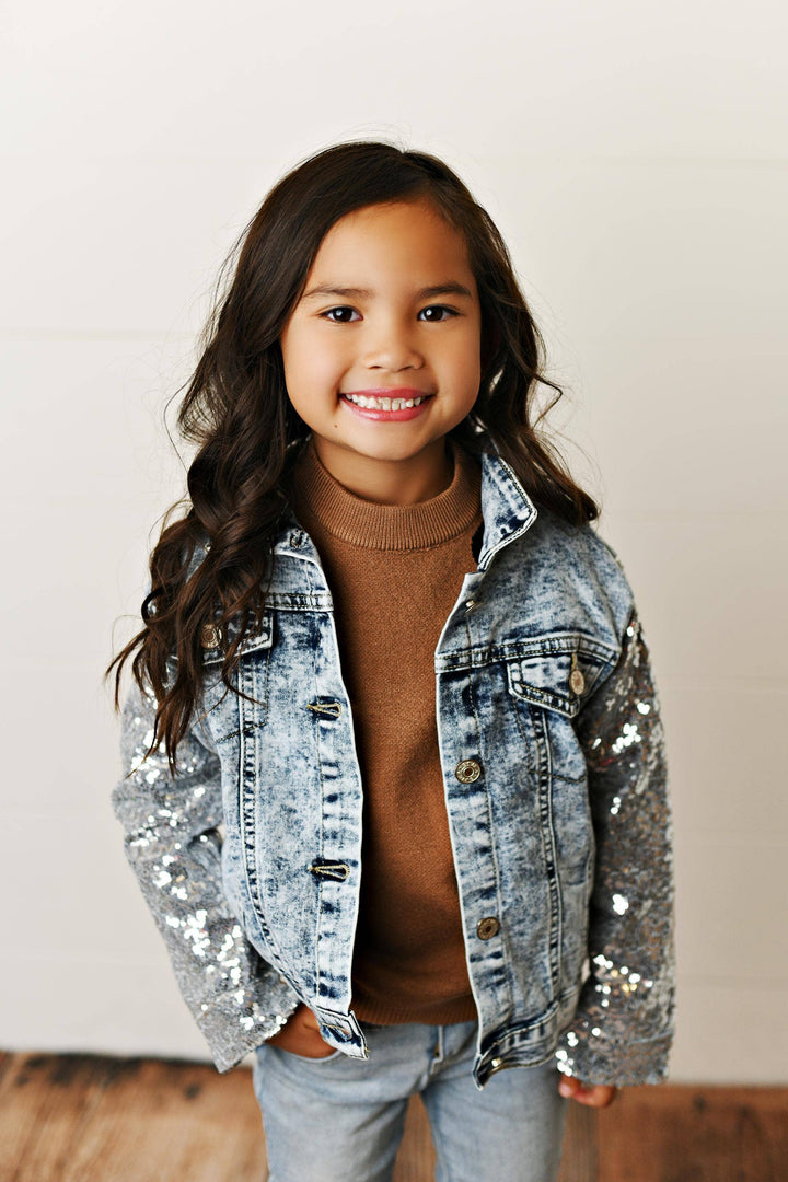 Kids Silver Sequin &amp; Light Wash Denim Button Pocket Jacket