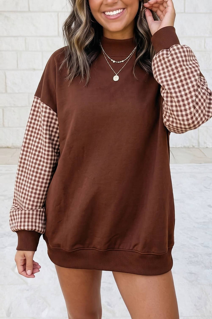 1 the Woman - Plaid Sleeve Colorblock Loose Tunic Sweatshirt S–4X