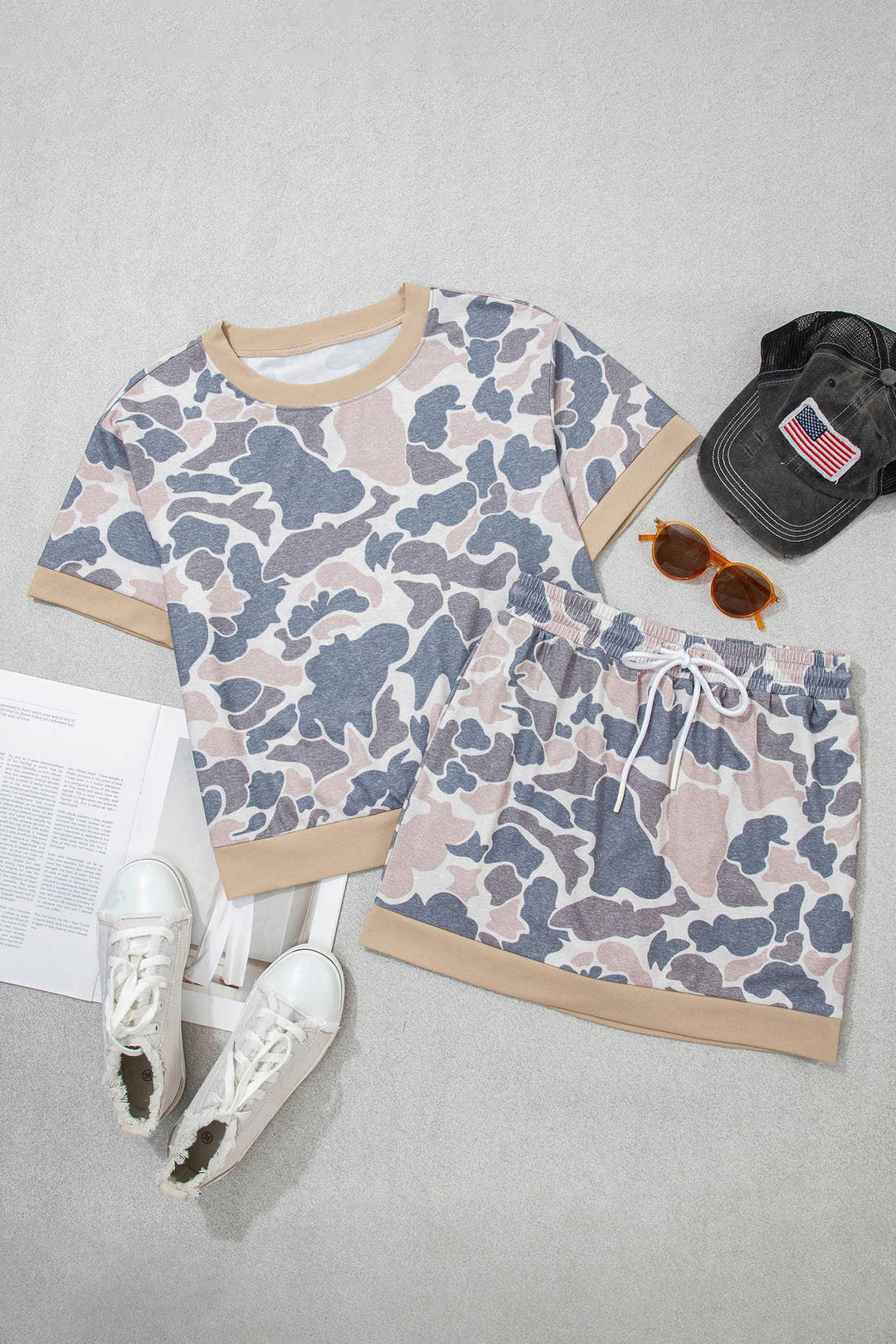 Retro Camouflage Color Block Trim 2 PC Top Skort  Sets