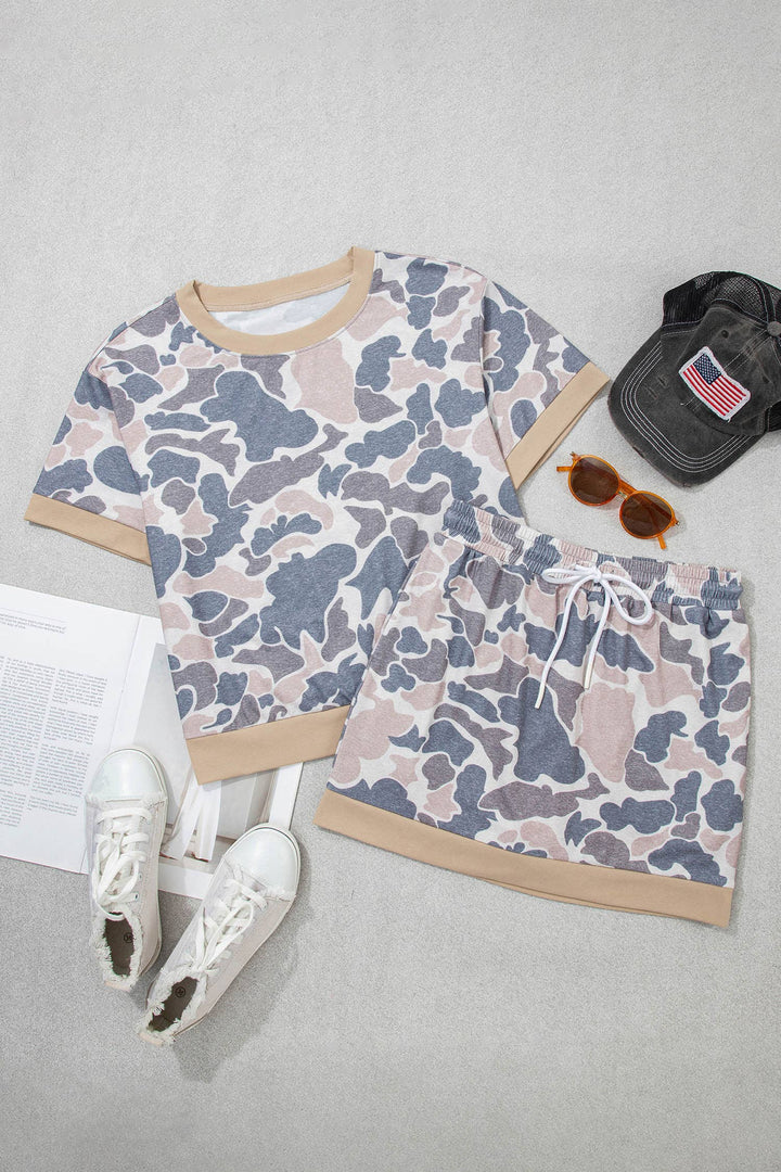 Retro Camouflage Color Block Trim 2 PC Top Skort  Sets
