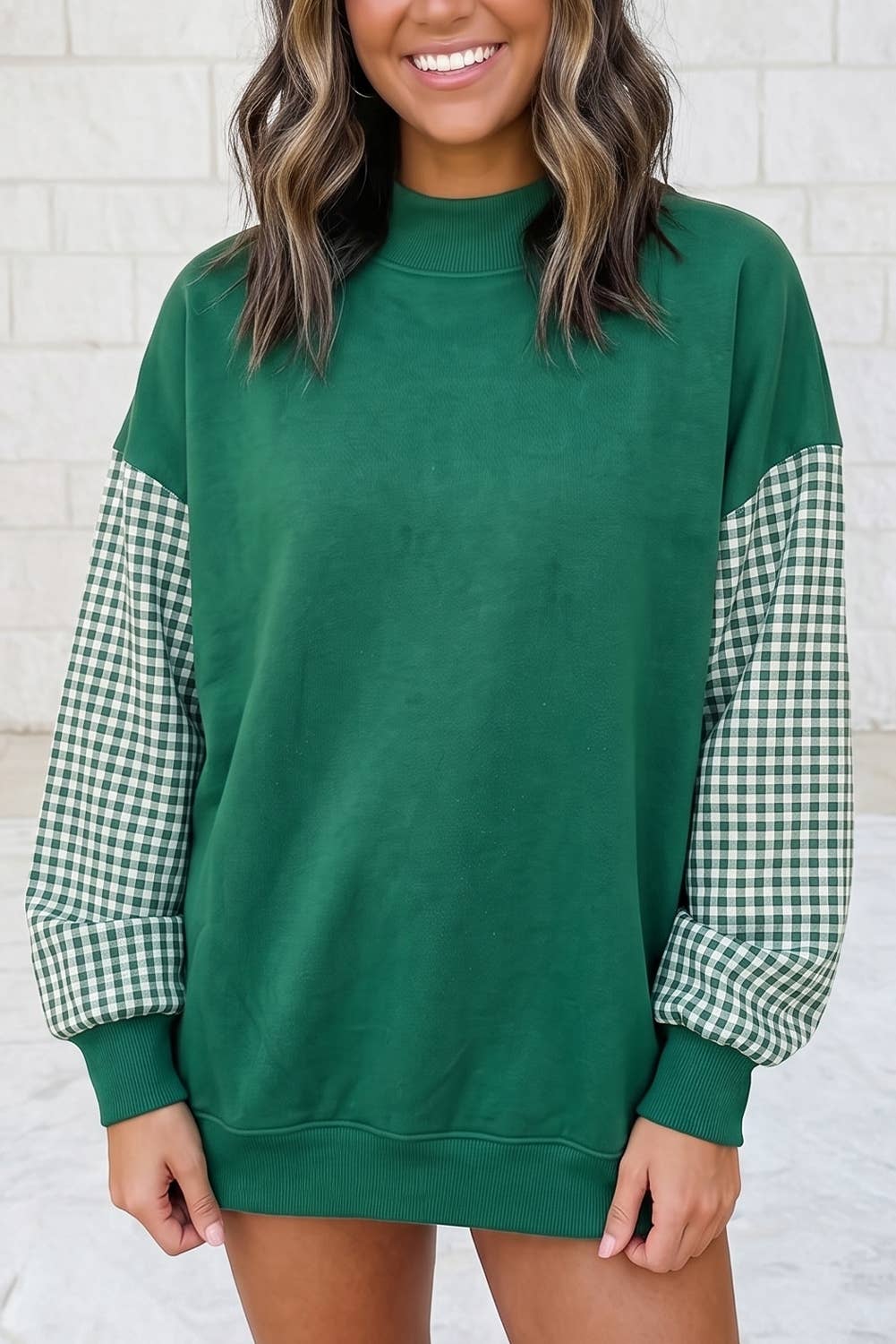 1 the Woman - Plaid Sleeve Colorblock Loose Tunic Sweatshirt S–4X