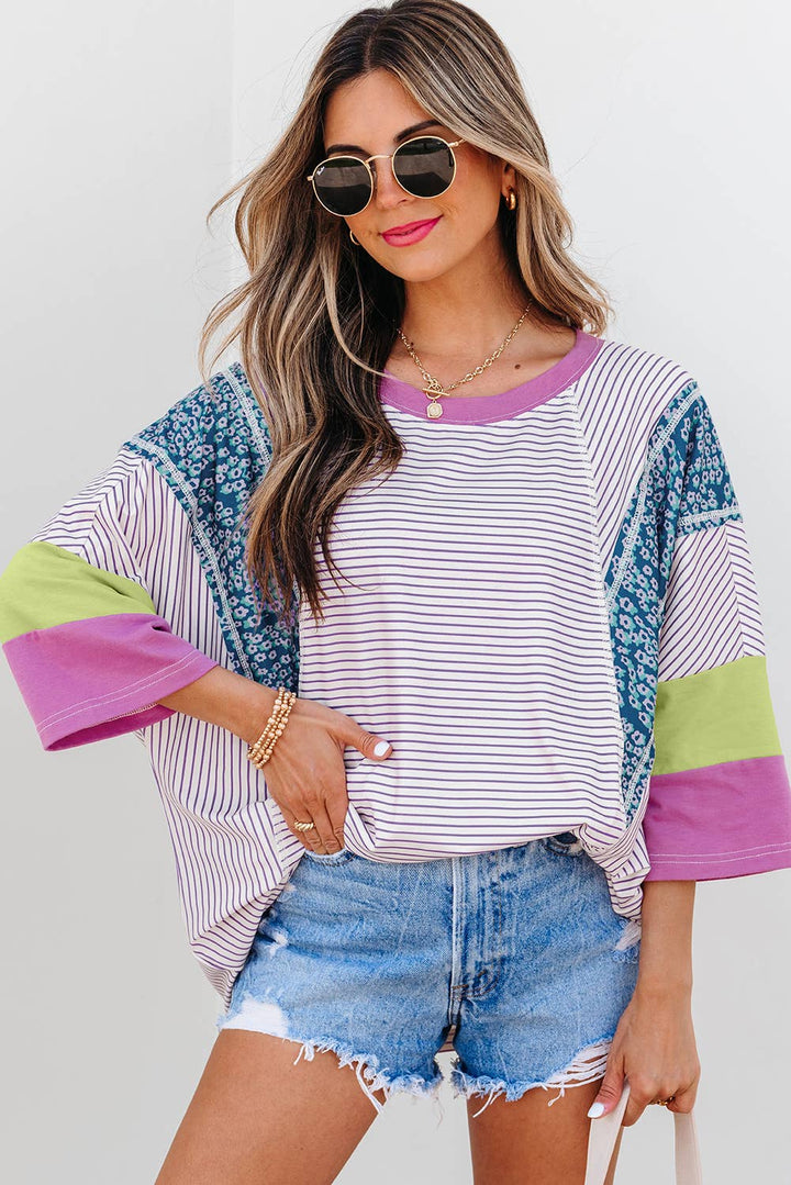 Aapparella - Stripe Floral Raw Edge Patchwork Bracelet Sleeve Top | S-XL