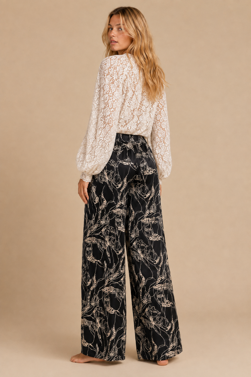 J.NNA - Two-Tone Abstract Floral Wide-Leg Trousers