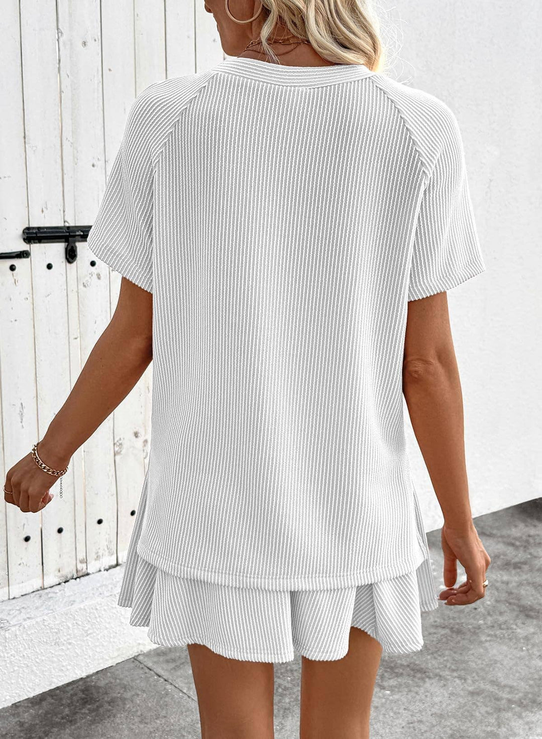 Ribbed Knit Skort Set Short Sleeve Top 2 Piece Outfit