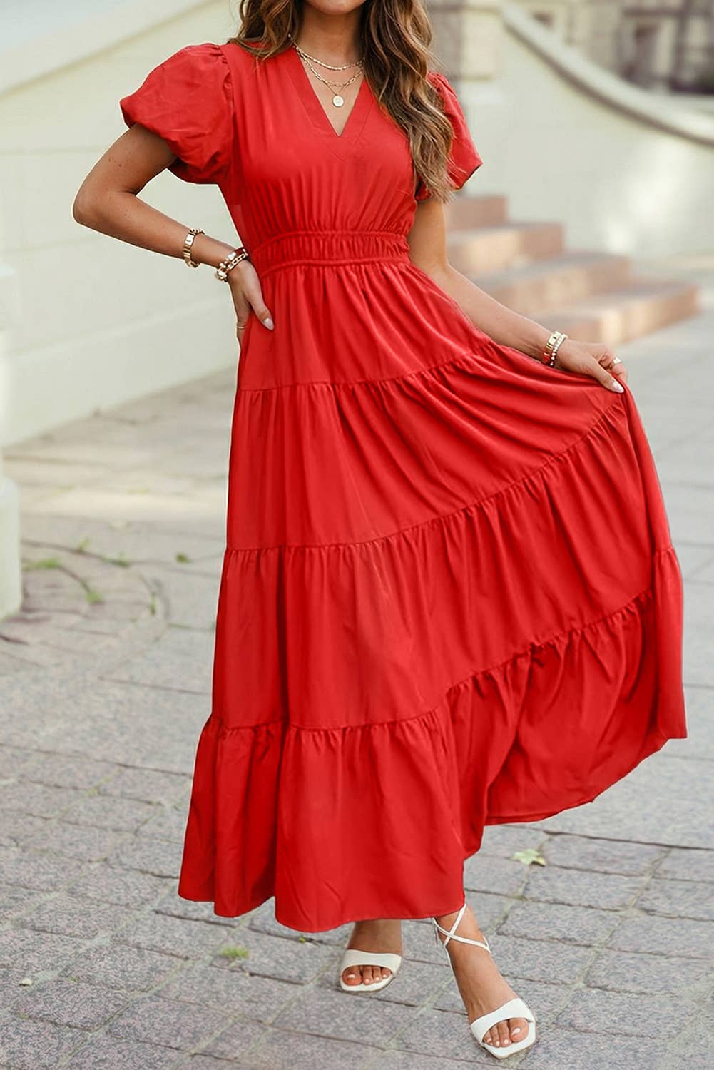 Color V Neck Short Puff Sleeve High Waist Tiered Maxi Dress