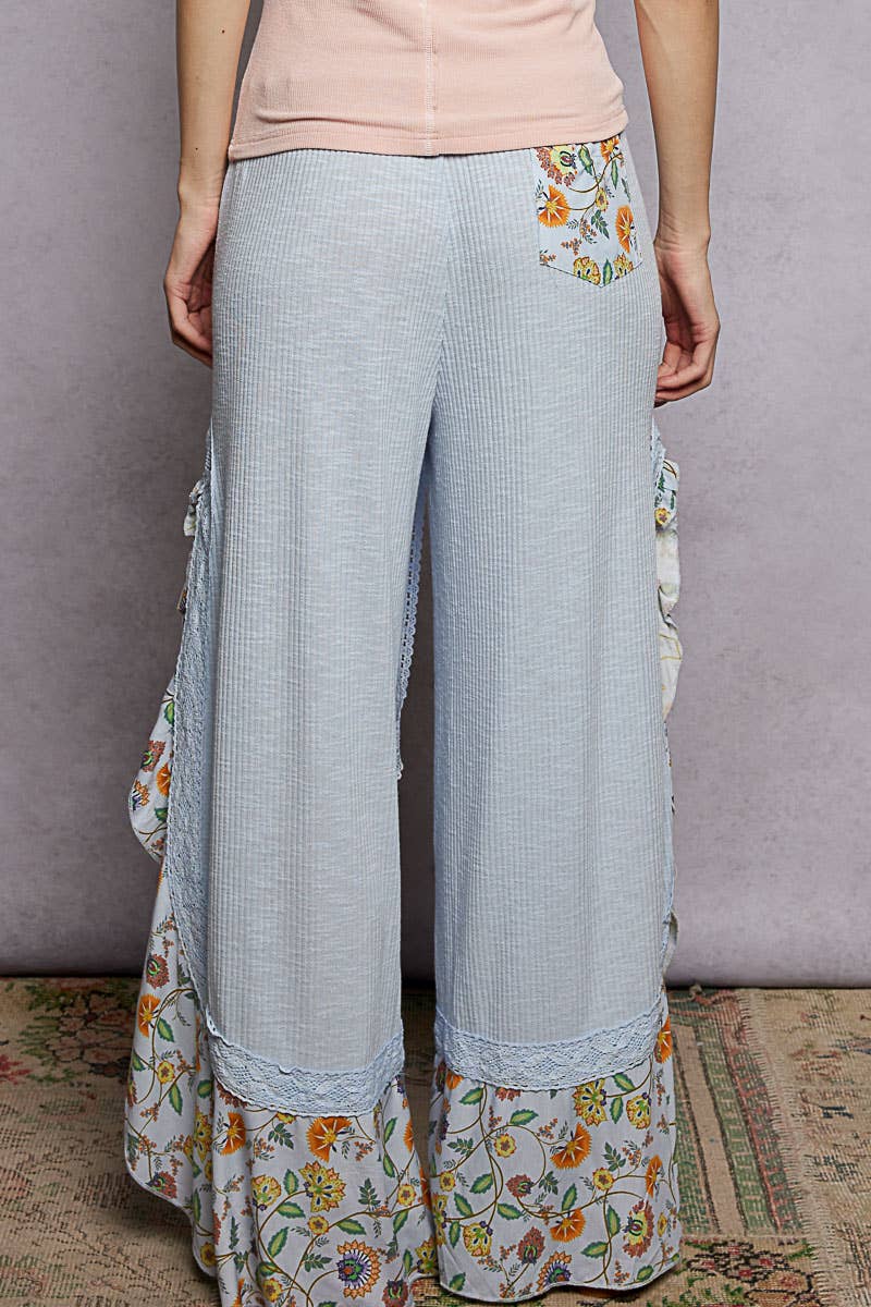 Pol Clothing - Floral Pattern Ruffle Detail Ribbed Knit Pants