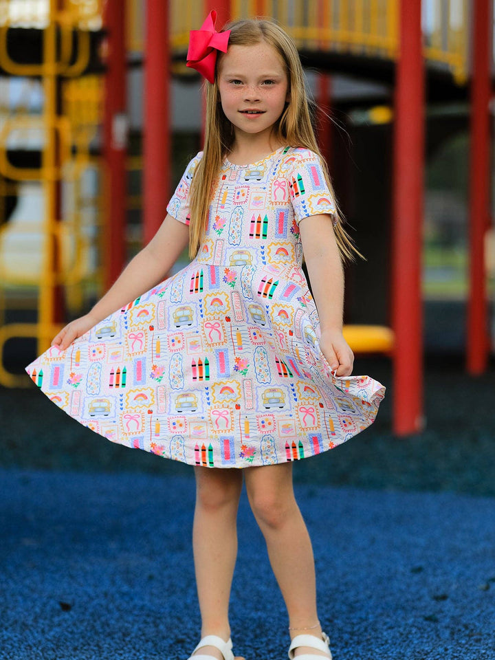 Back to School Rainbow Print Girls Dress Short Sleeve