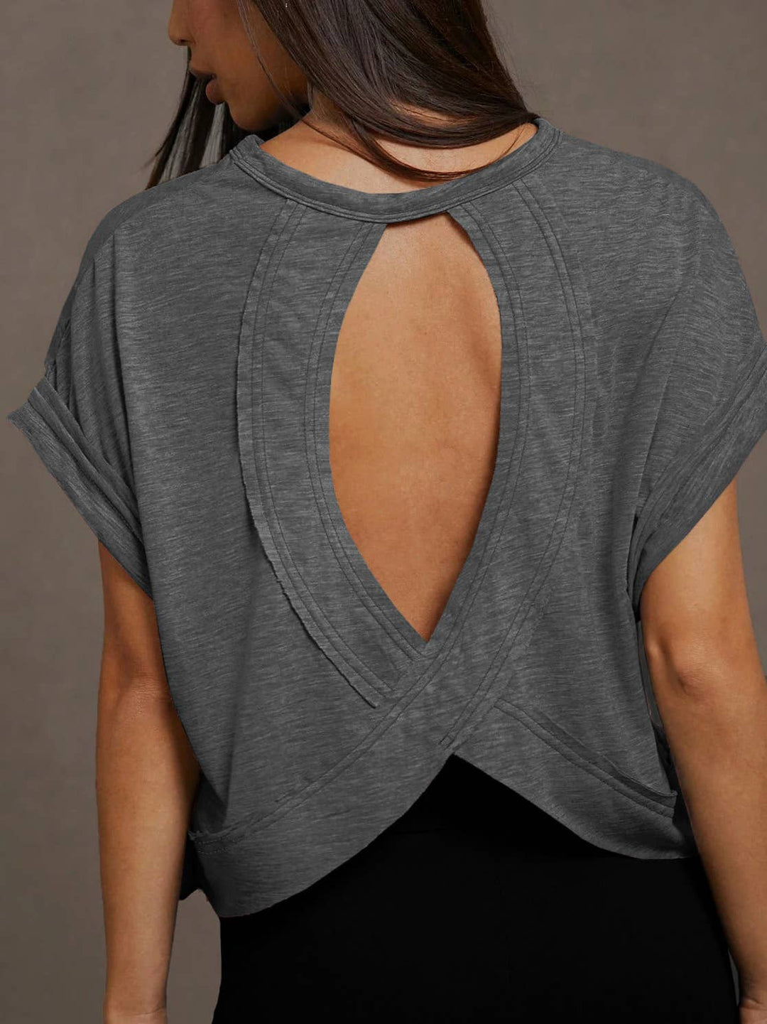Wrapped Cutout Back Slouchy Tee Workout Shirt In Solid