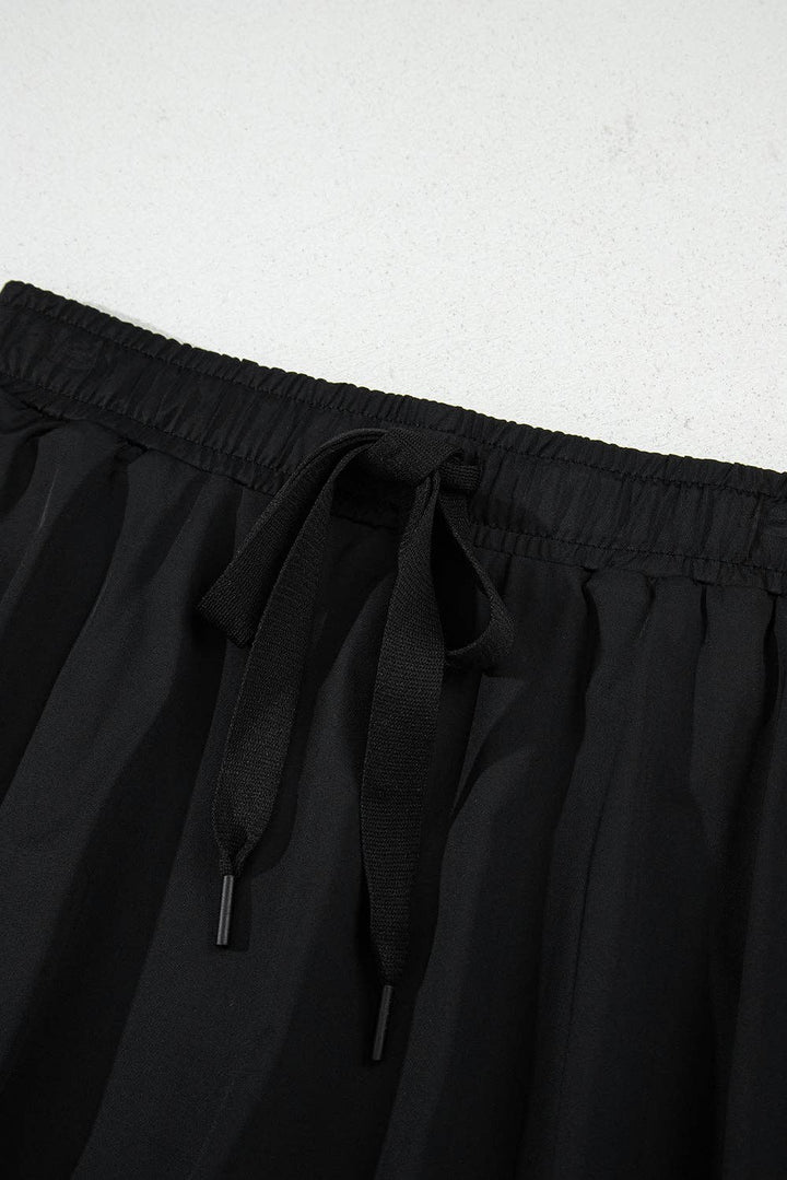 Black High Waist Drawstring Tennis Skort with Lining