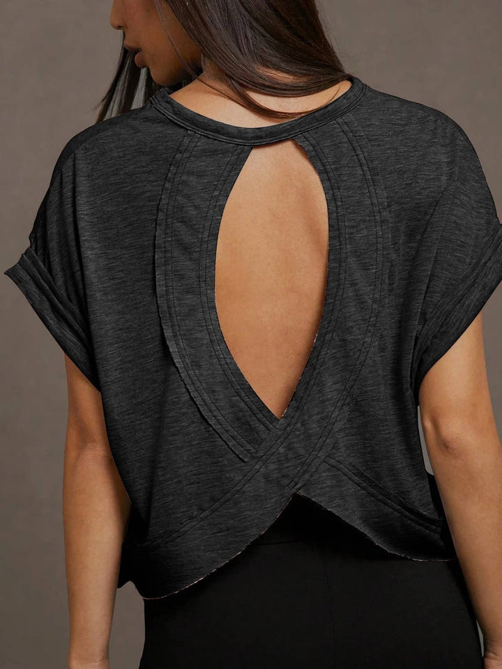 Wrapped Cutout Back Slouchy Tee Workout Shirt In Solid