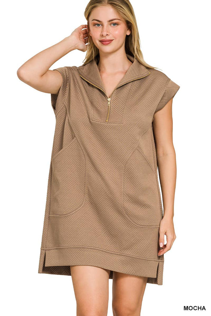 Textured Knit Jacquard Quarter Zipper Mini Dress
