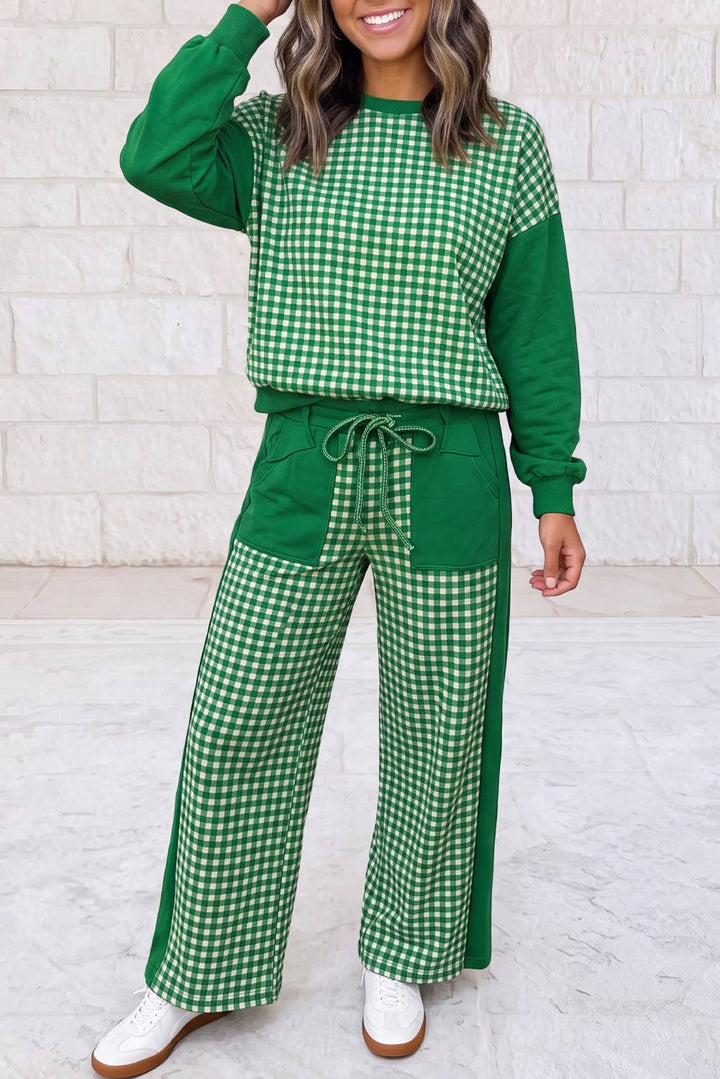 1 the Woman - Plaid Patchwork Long Sleeve Pullover Wide Leg Pant Set