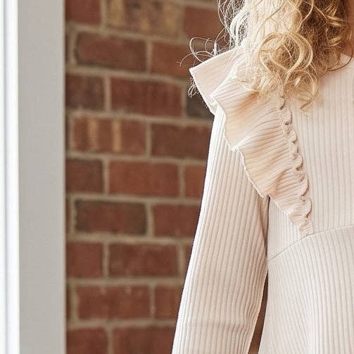 Kids Cream Beige Ribbed Long Sleeve Button Ruffle Shirt