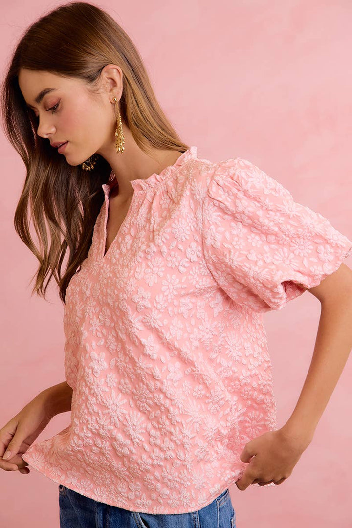 BiBi - FLORAL PATTERN TEXTURE SLEEVES RUFFLED V-NECK TOP