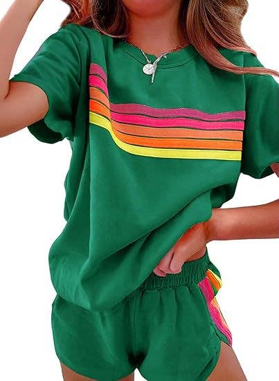 Rainbow Stripes crewneck short sleeve tee &amp; short resort set