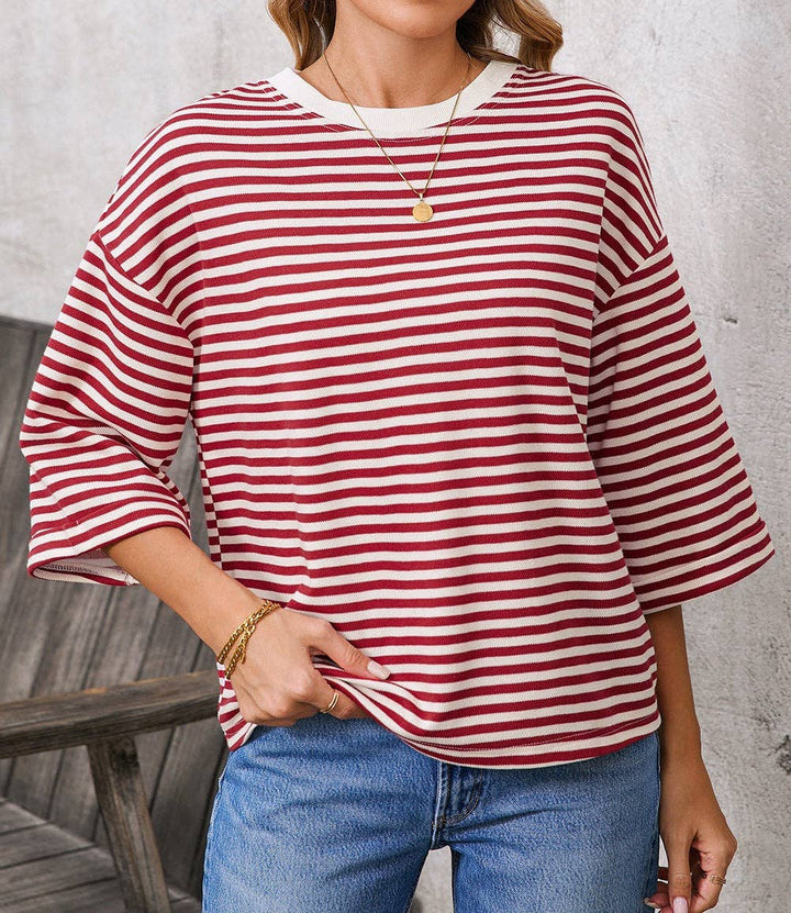 Pink Striped Knit Crew Neck Top with Back Bow Tie Detail