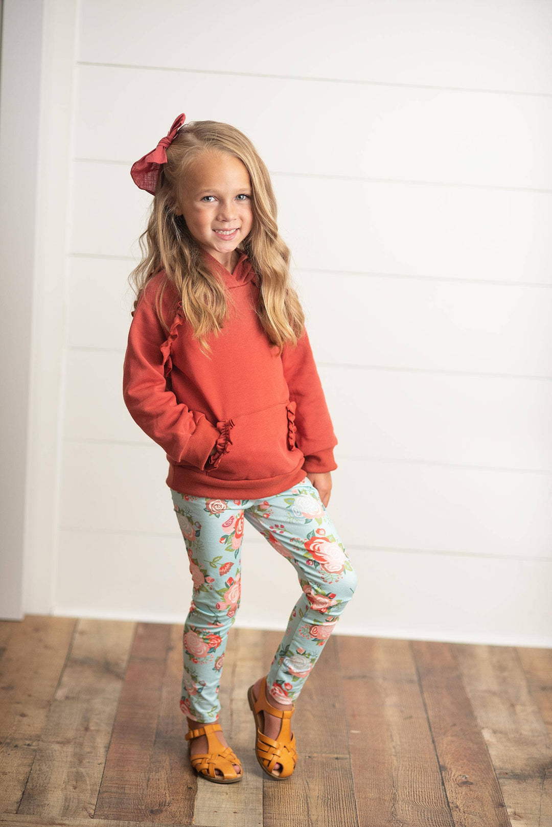 Kids Rust Pocket Ruffle Hoodie Shirt &amp; Leggings Fall Set