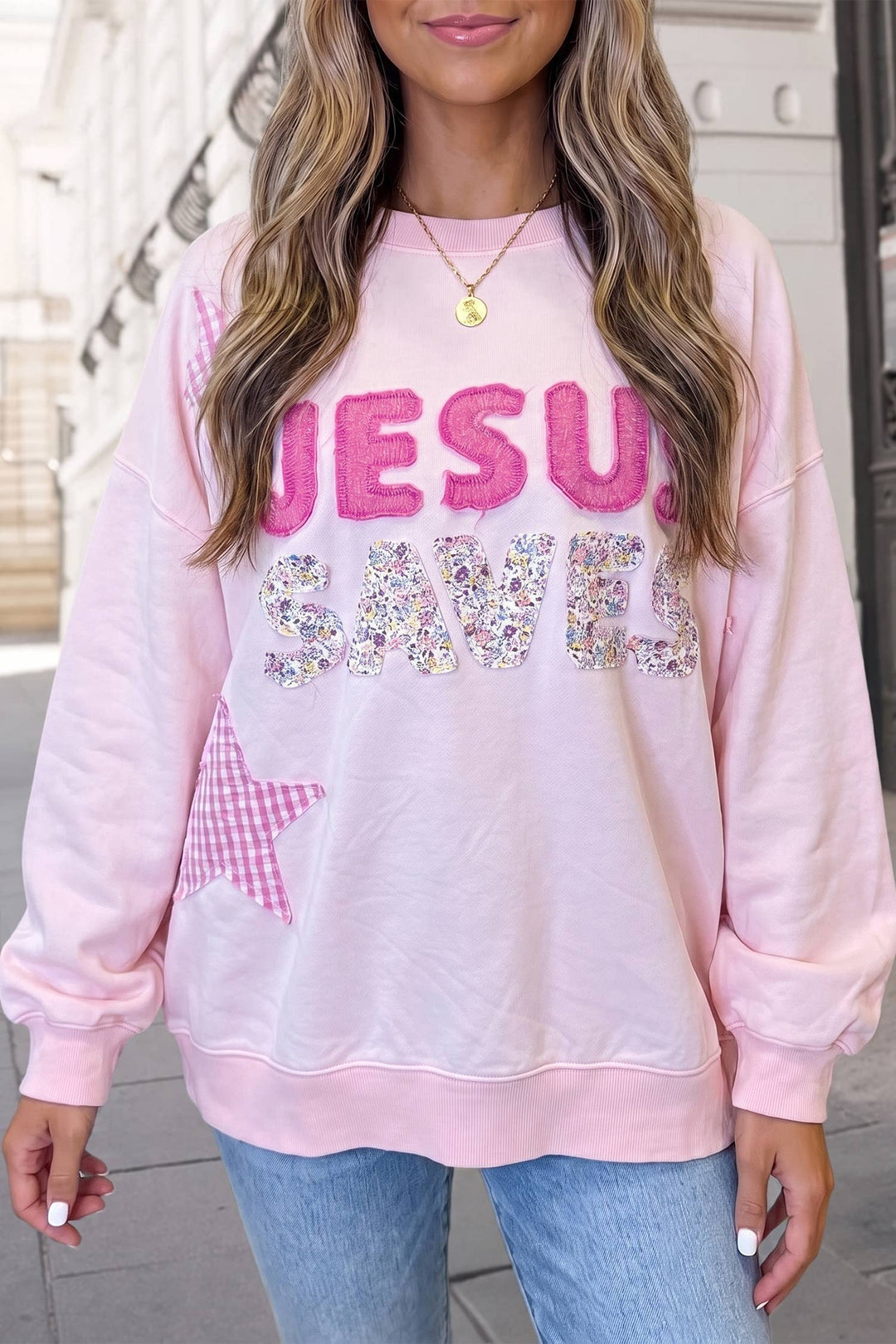 JESUS SAVES Letter Star Patch Graphic Sweatshirt