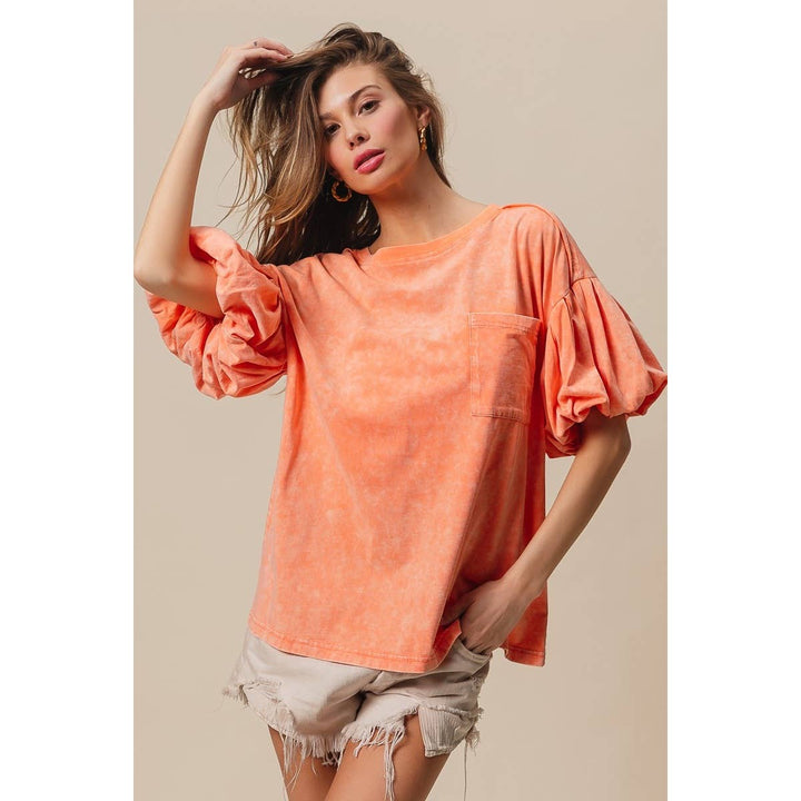 BiBi - MINERAL WASHED PUFF SLEEVE JERSEY TOP