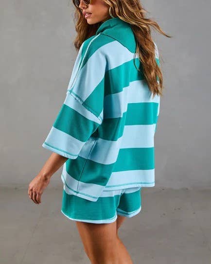 Rosa Clothing - Contrast Trim Half Zip Striped Top Casual Shorts 2pcs Set
